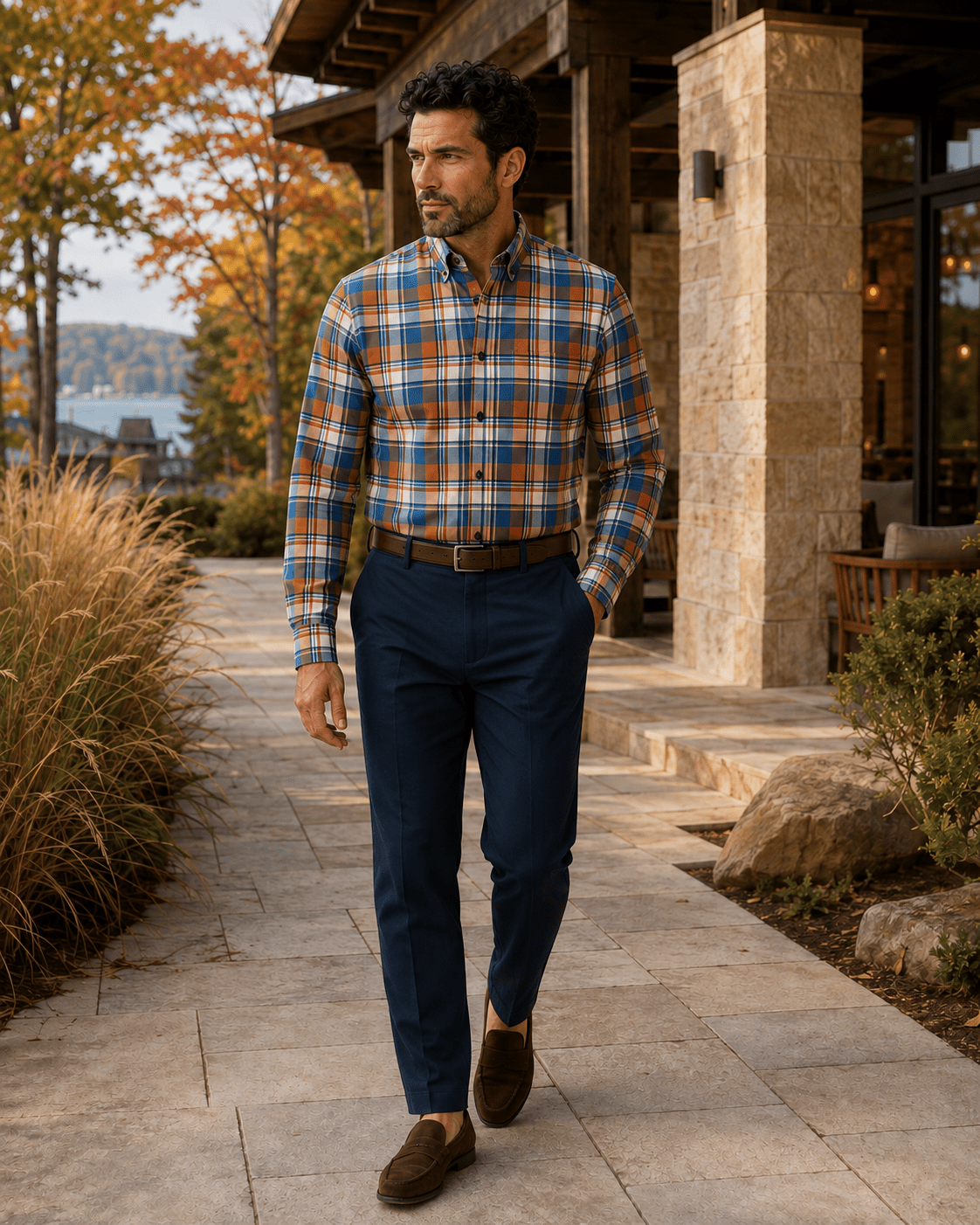 Multi Plaid Stretch Shirt - F/X Fusion - Button-Down Dress Shirt - #color_Deep Lake Multi