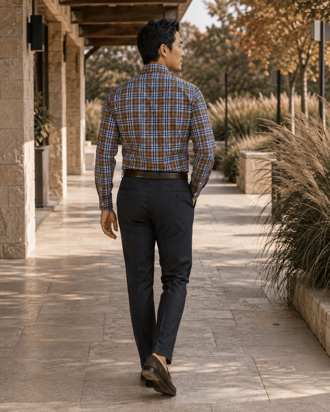 Multi Plaid Button-Down Stretch Shirt - F/X Fusion - Button-Down Dress Shirt - #color_Navy/Brown