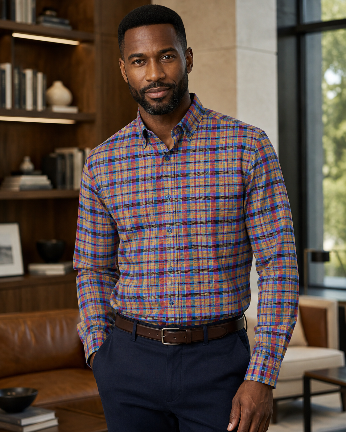 Multi Plaid Stretch Shirt - F/X Fusion - Button-Down Dress Shirt - #color_Deep Lake/Crimson