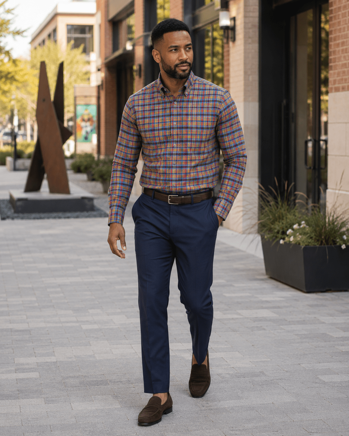 Multi Plaid Stretch Shirt - F/X Fusion - Button-Down Dress Shirt - #color_deep lake/Crimson