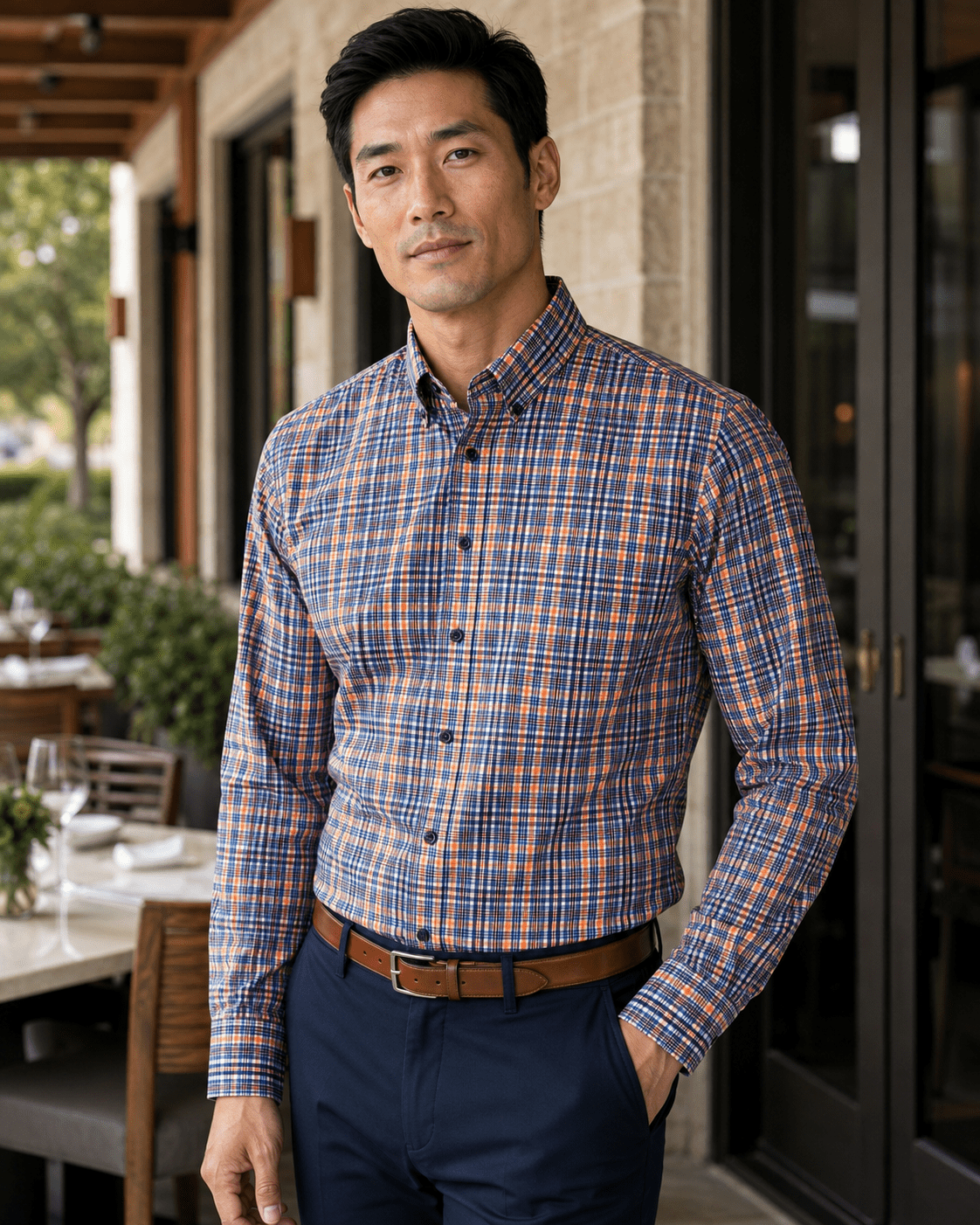 Multi Plaid Stretch Shirt - F/X Fusion - Button-Down Dress Shirt - #color_Navy/Orange