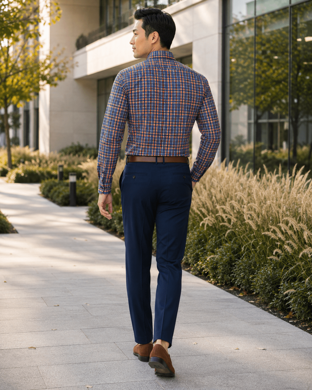Multi Plaid Stretch Shirt - F/X Fusion - Button-Down Dress Shirt - #color_Navy/Orange