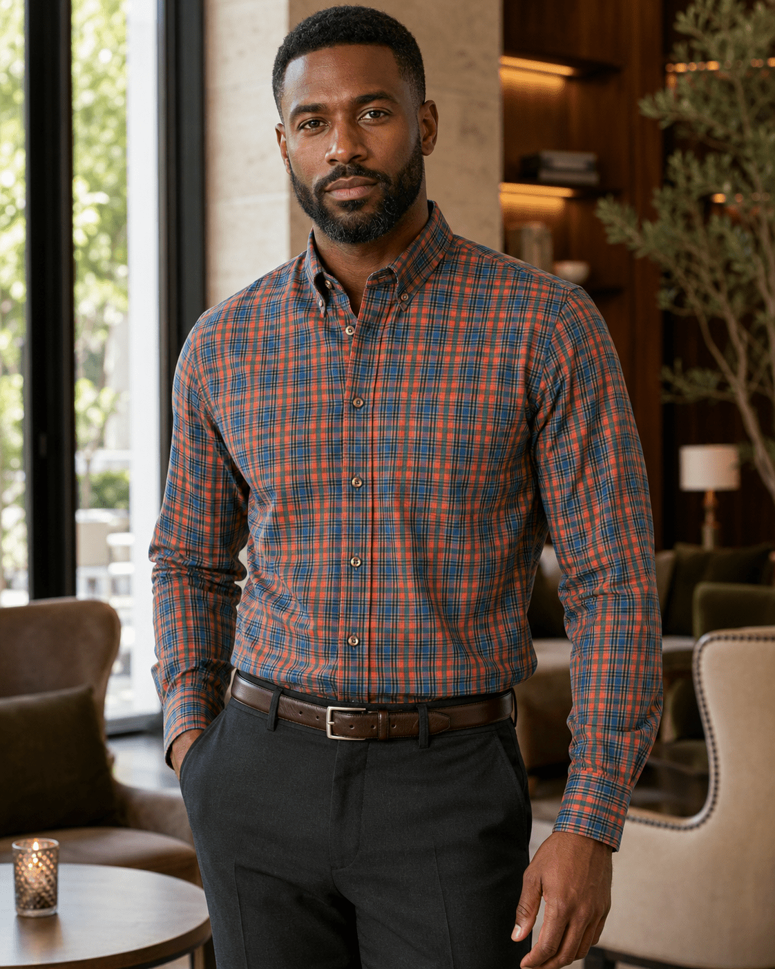 Multi Plaid Stretch Shirt - F/X Fusion - Button-Down Dress Shirt - #color_Burnt Sienna/Hunter