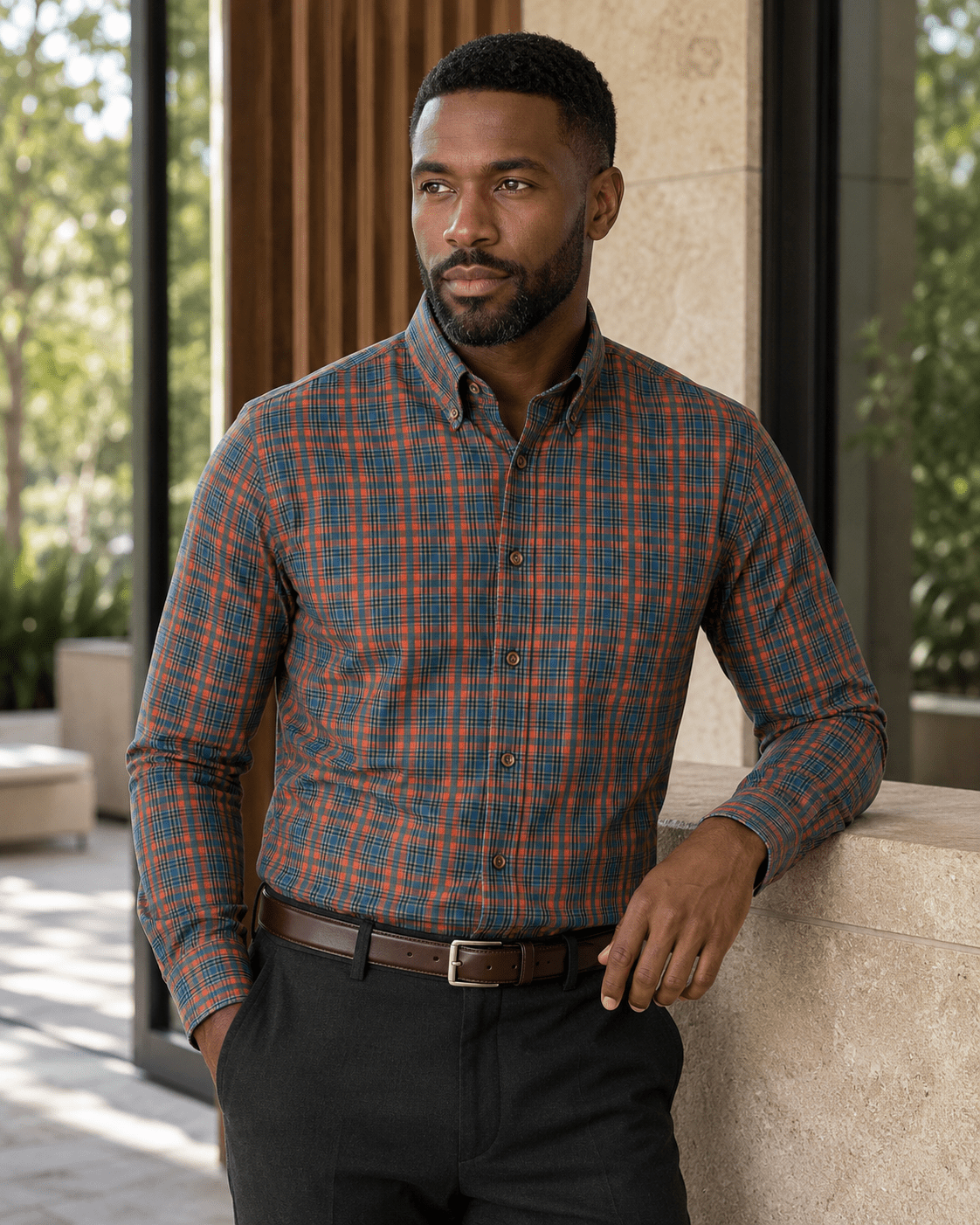 Multi Plaid Stretch Shirt - F/X Fusion - Button-Down Dress Shirt - #color_Burnt Sienna/Hunter