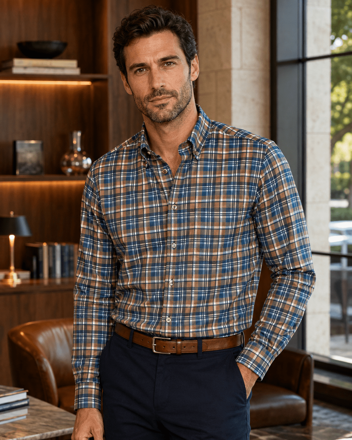 Multi Plaid Button-Down Stretch Shirt - F/X Fusion - Button-Down Dress Shirt - #color_Deep Lake/Gold