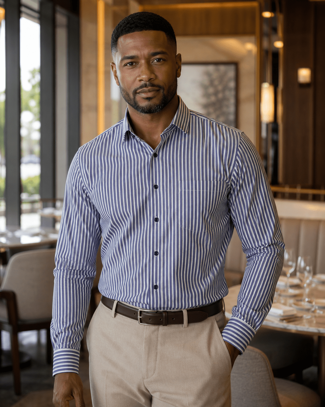 Multi Stripe Underbutton Shirt - F/X Fusion - Underbutton Dress shirt - #color_Indigo/Taupe
