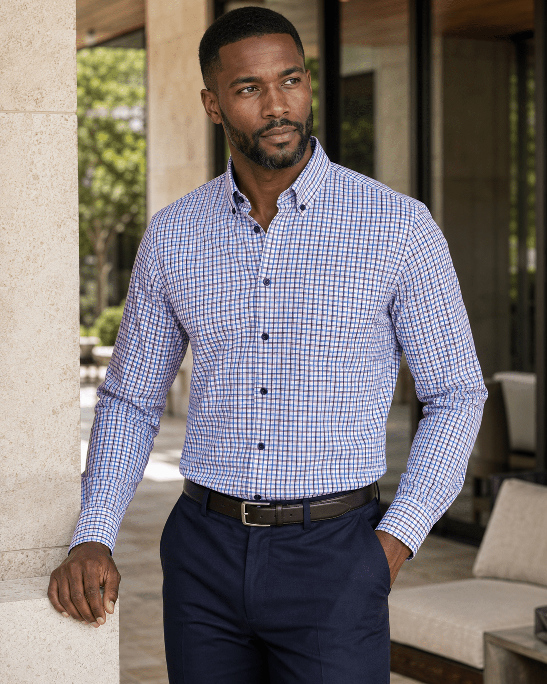 Textured Check Button-Down Shirt - F/X Fusion - Button-Down Dress Shirt - #color_Blue/Purple