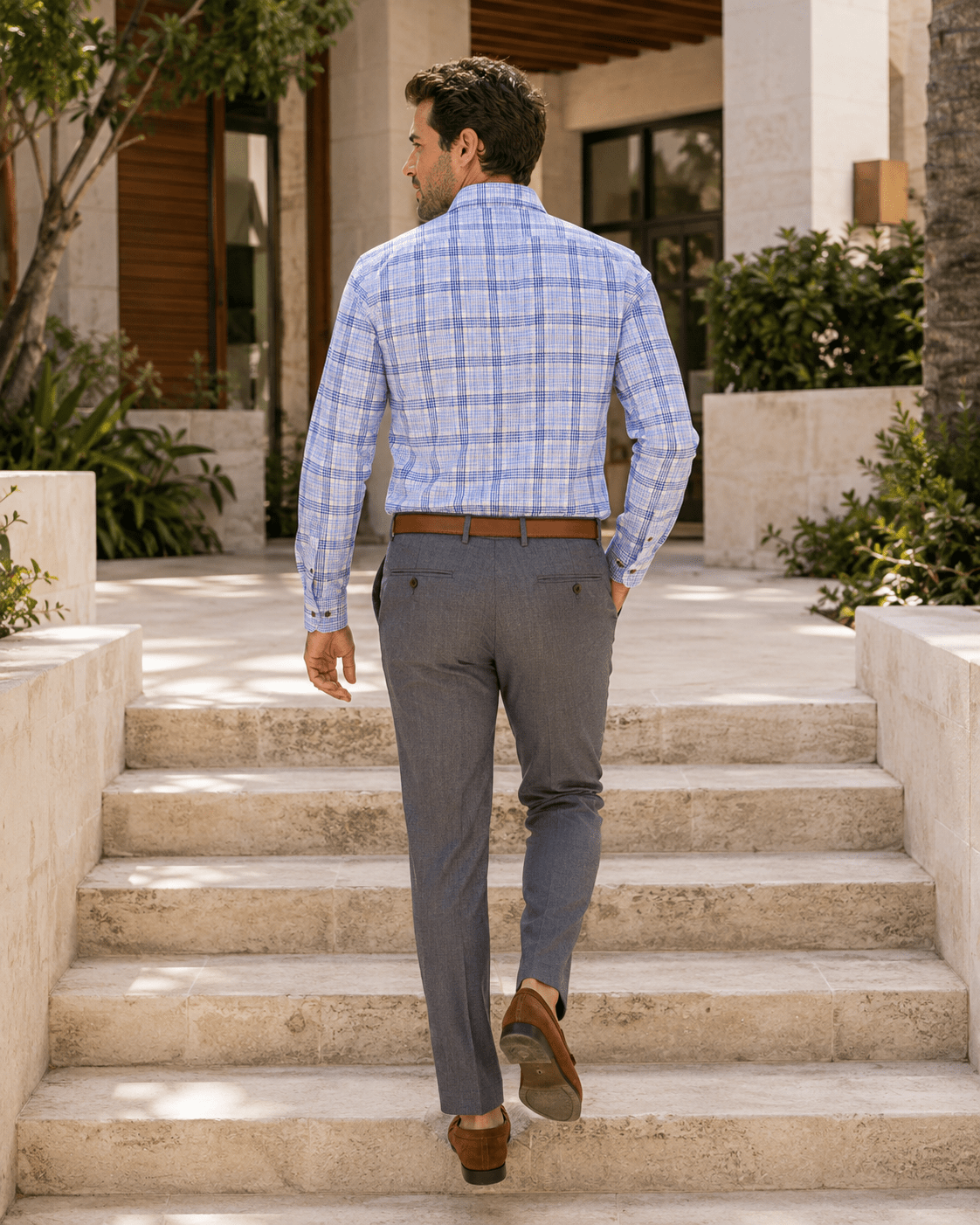 Multi Check Wrinkle-Free Button-Down Shirt - F/X Fusion - Button-Down Dress Shirt - #color_Blue/Brown