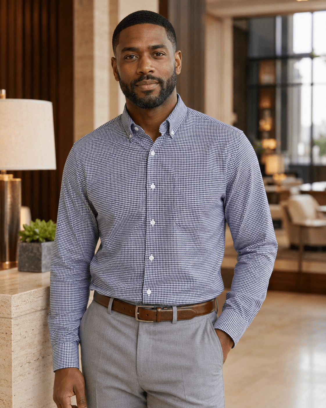 Houndstooth Button-Down Shirt - F/X Fusion - Button-Down Dress Shirt - #color_Navy