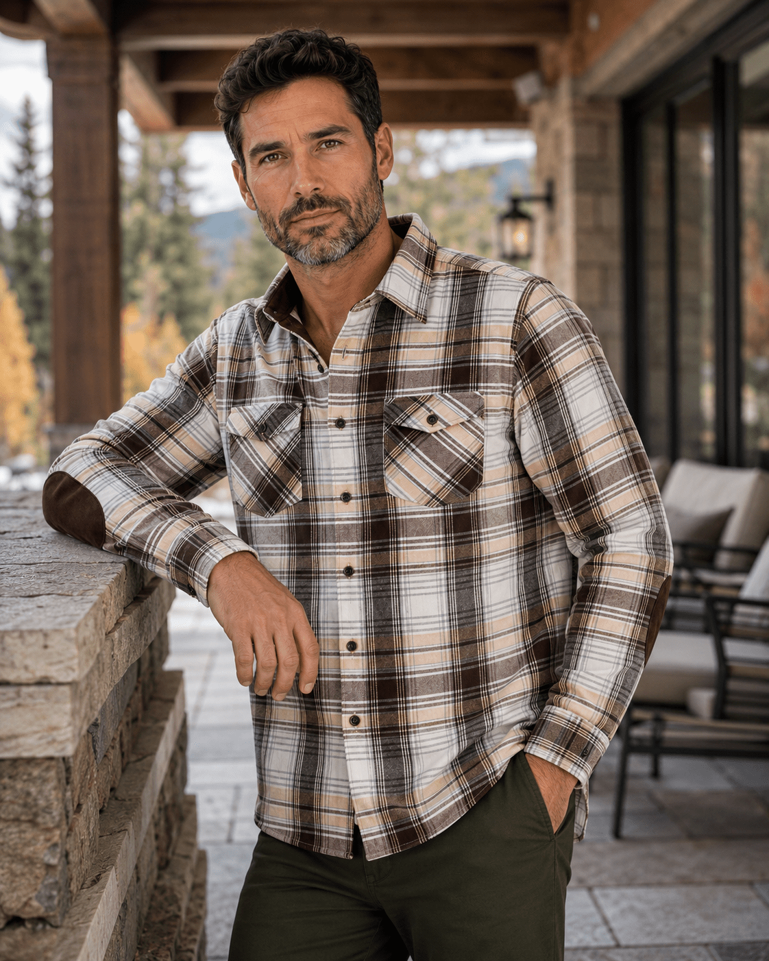 Micro-Fleece Plaid Button-Up Shirt - F/X Fusion - Overshirt Button-Up - #color_Brown/Ecru