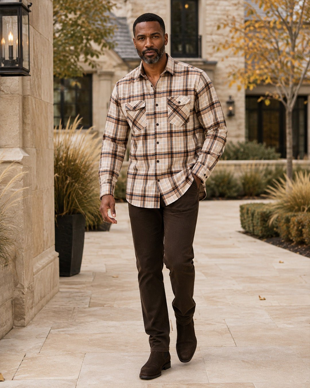 Micro-Fleece Plaid Button-Up Shirt - F/X Fusion - Overshirt Button-Up - #color_Bronze