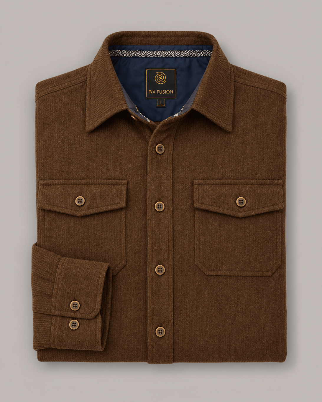 Washed Stretch Cord Button-Up Shirt - F/X Fusion - Overshirt Button-Up - #color_Brown