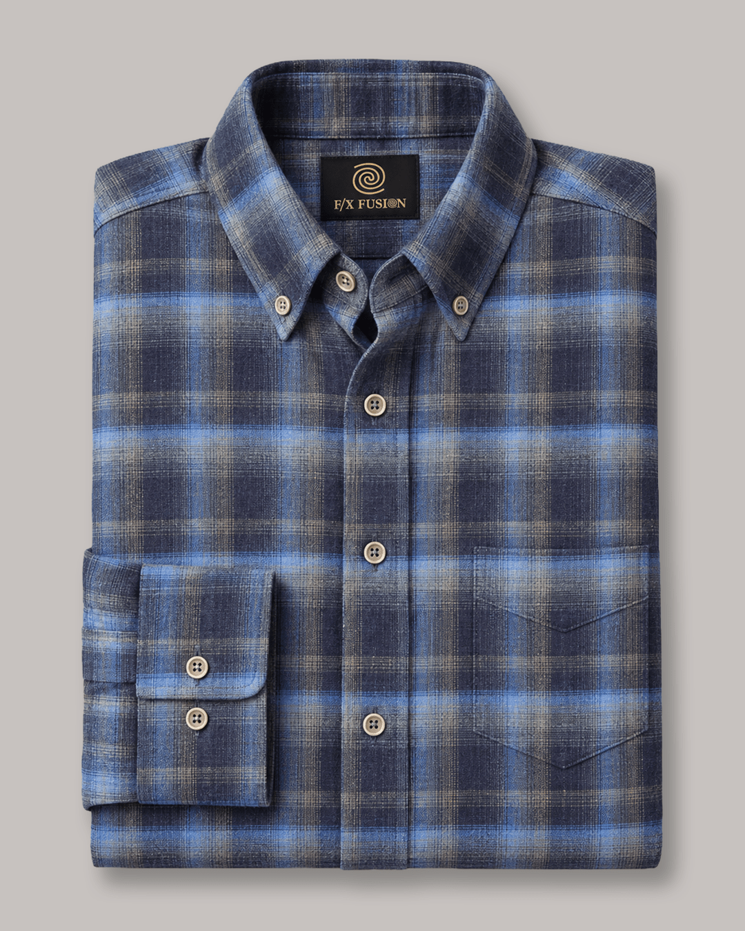 Cotton-Blend Plaid Flannel Button-Down Shirt - F/X Fusion - Button-Down CVC Flannel - #color_Navy/Olive