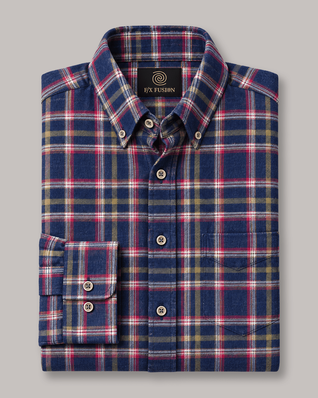 Cotton-Blend Plaid Flannel Button-Down Shirt - F/X Fusion - Button-Down CVC Flannel - #color_Navy