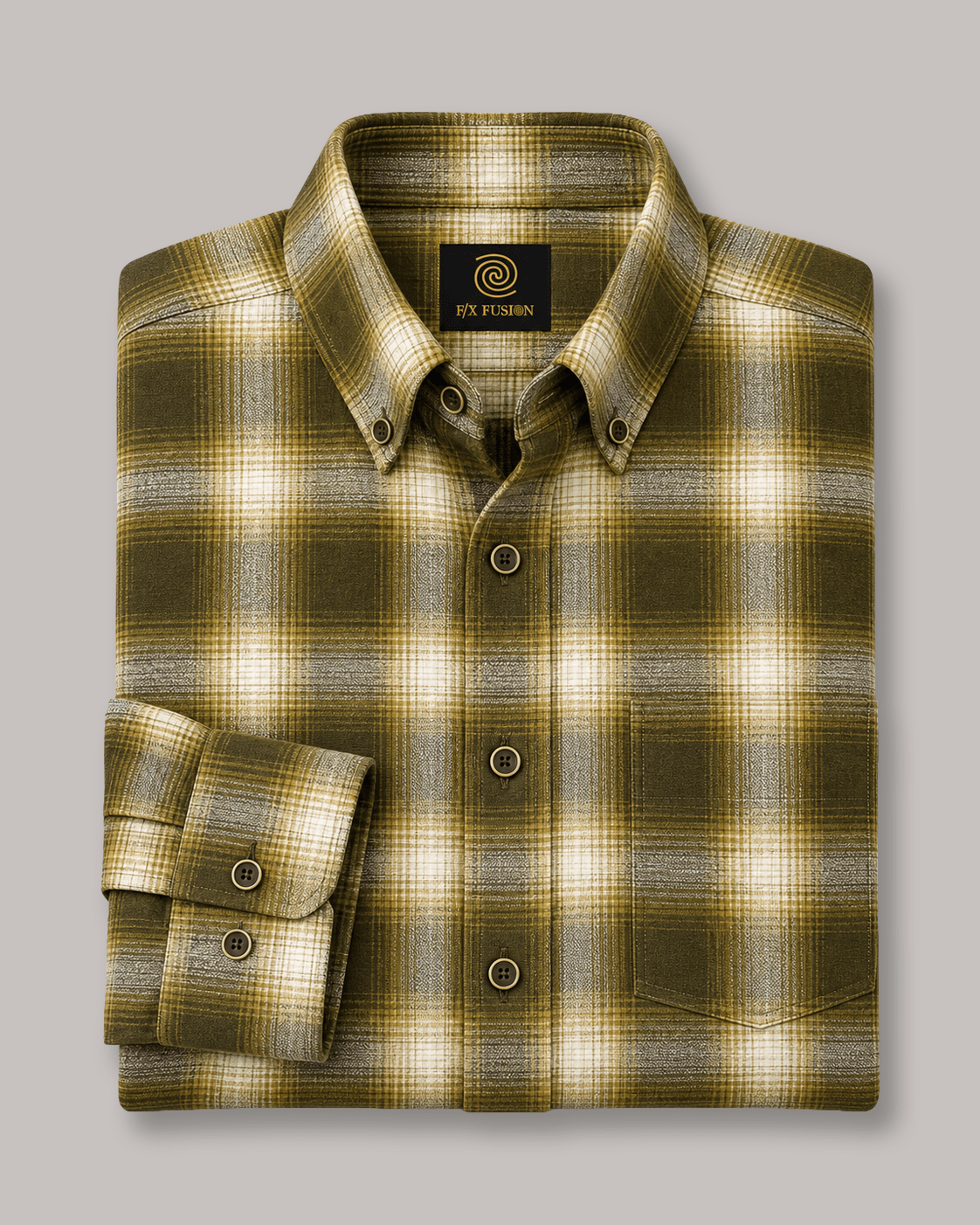 Cotton-Blend Plaid Flannel Button-Down Shirt - F/X Fusion - Button-Down CVC Flannel - #color_Gold