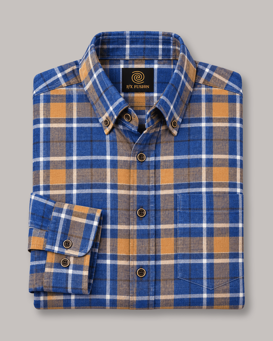 Cotton-Blend Plaid Flannel Button-Down Shirt - F/X Fusion - Button-Down CVC Flannel - #color_Blue/Tan