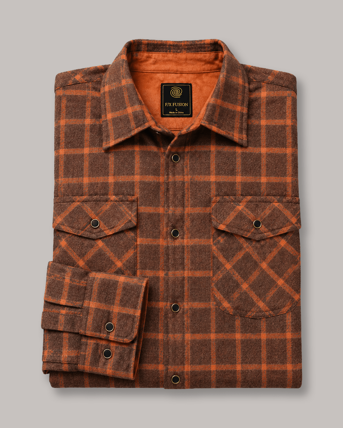 Textured Plaid Button-Up Shirt - F/X Fusion - Overshirt Button-Up - #color_Burnt Orange