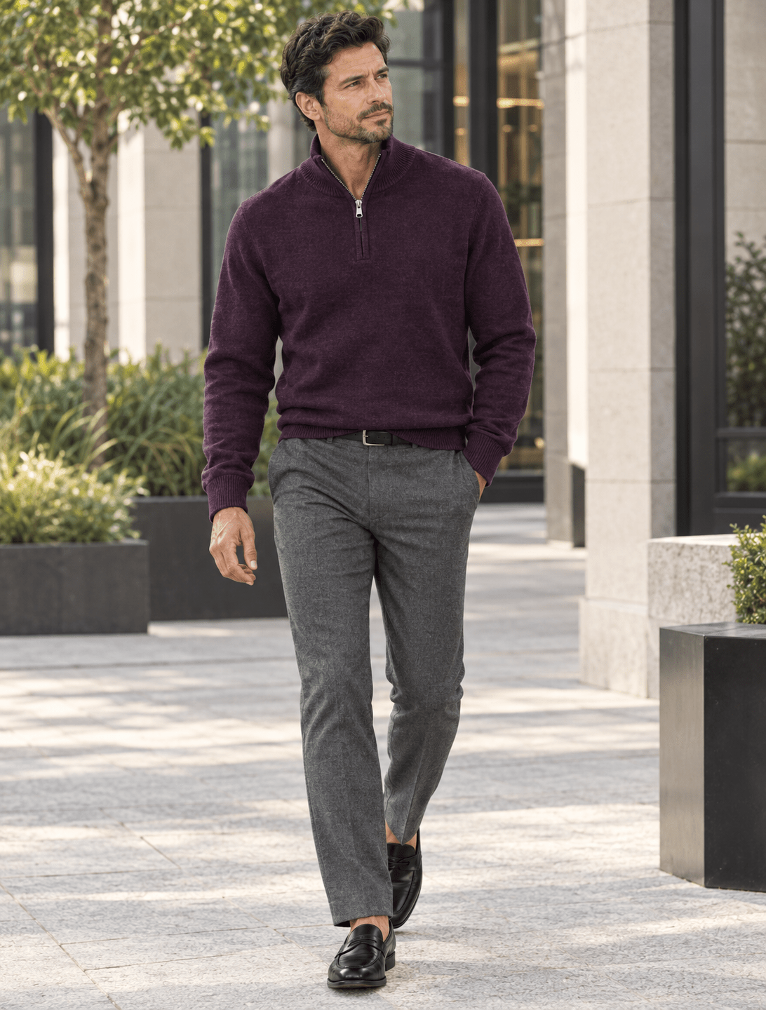 Cotton-Blend Quarter-Zip Sweater - F/X Fusion - Quarter-Zip Sweater - #color_Grape