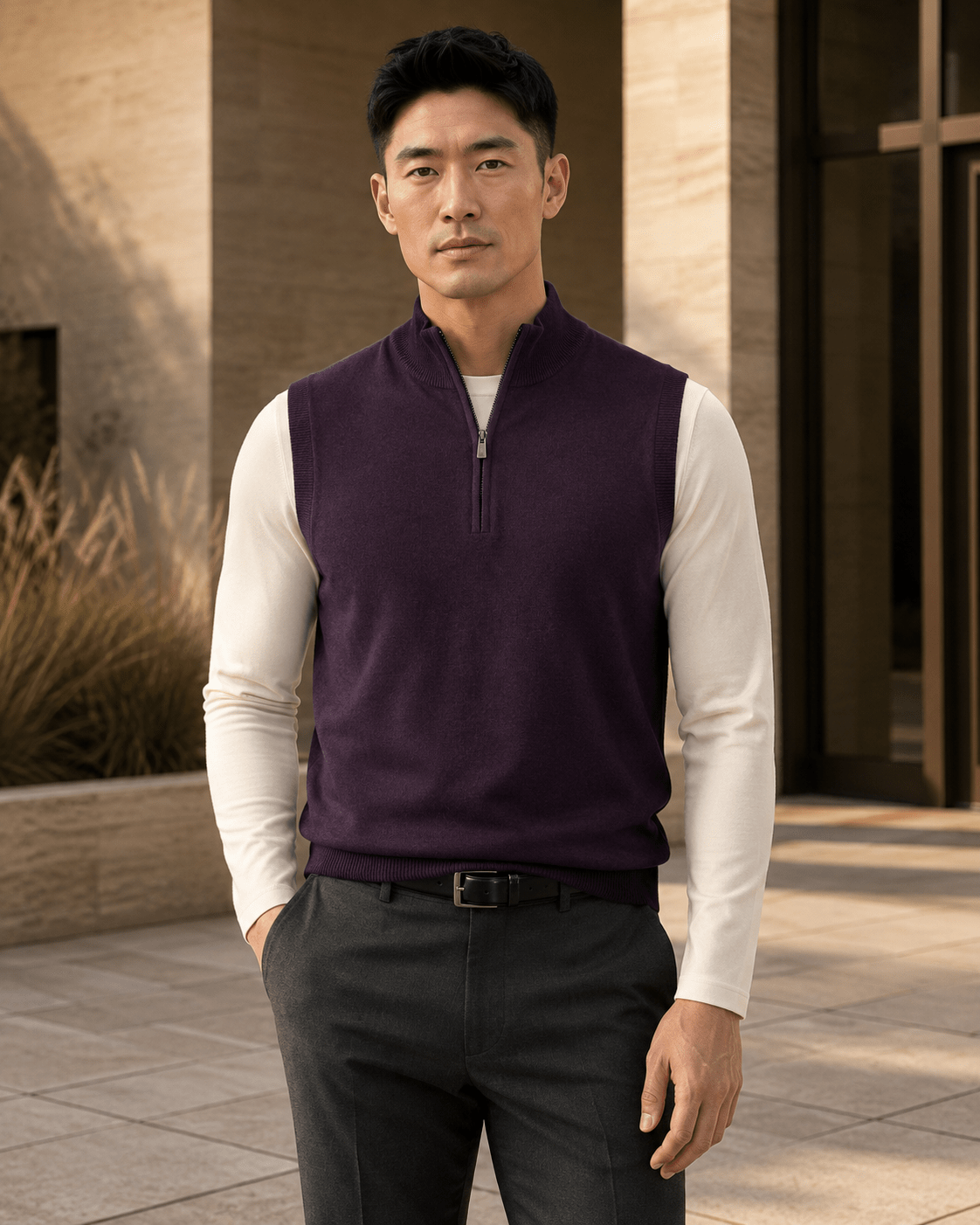 Cotton-Blend Quarter-Zip Vest - F/X Fusion - Quarter-Zip Vest - #color_Grape
