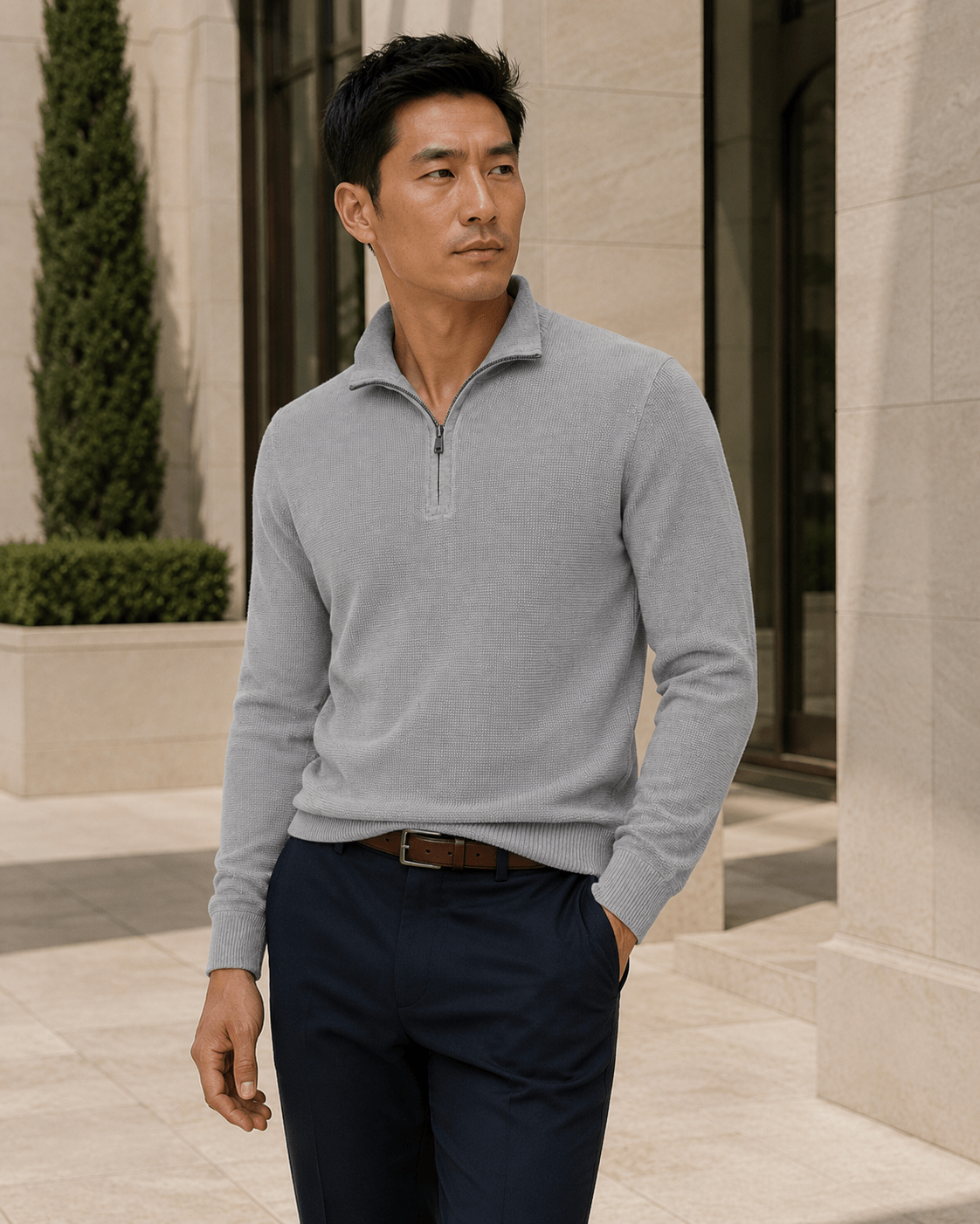 Sandwashed Thermal Quarter-Zip Sweater - F/X Fusion - Quarter-Zip Sweater - #color_Grey