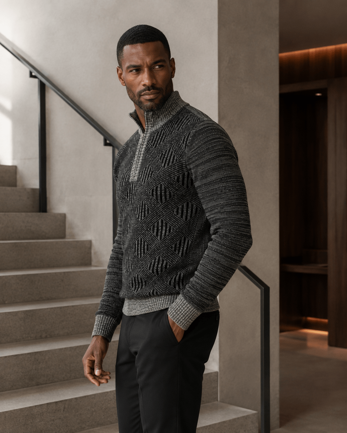 Textured Lattice Quarter-Zip Sweater - F/X Fusion - Quarter-Zip Sweater - #color_Grey