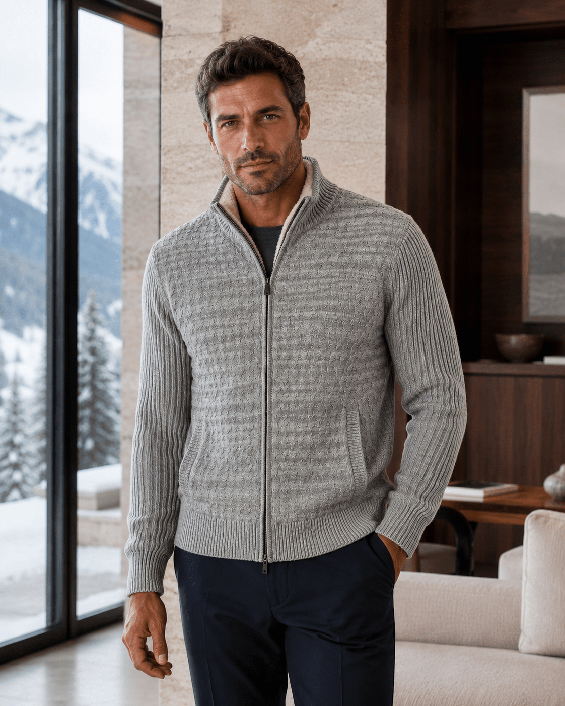 Sherpa-Lined Cable Full-Zip Sweater - F/X Fusion - Full-Zip Sweater - #color_Grey