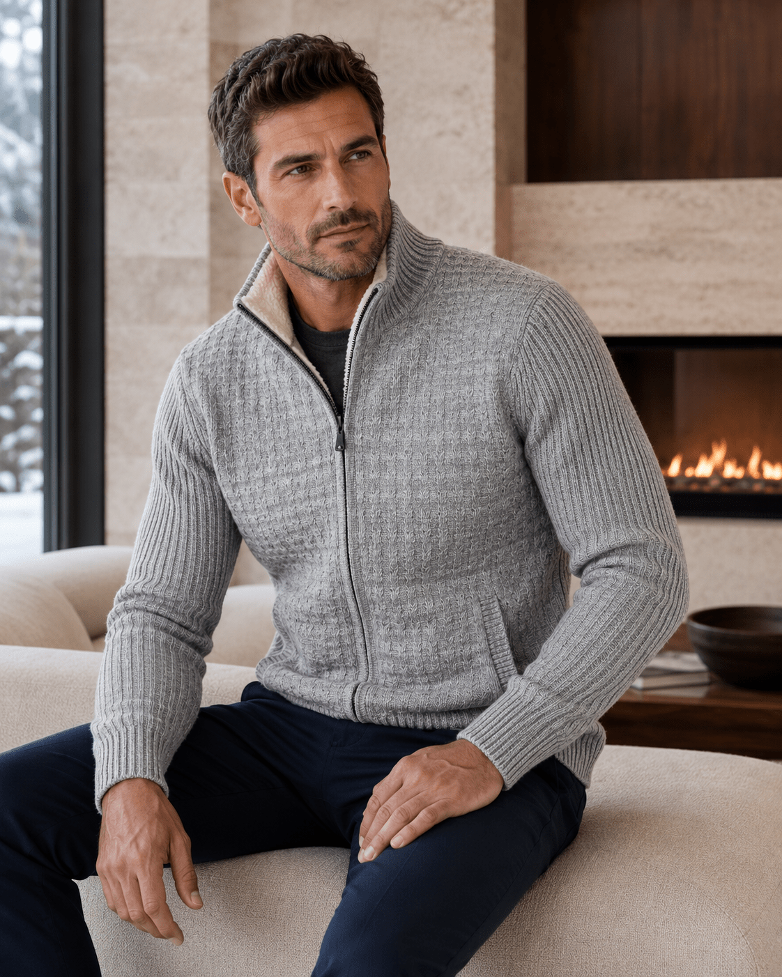 Sherpa-Lined Cable Full-Zip Sweater - F/X Fusion - Full-Zip Sweater - #color_Grey