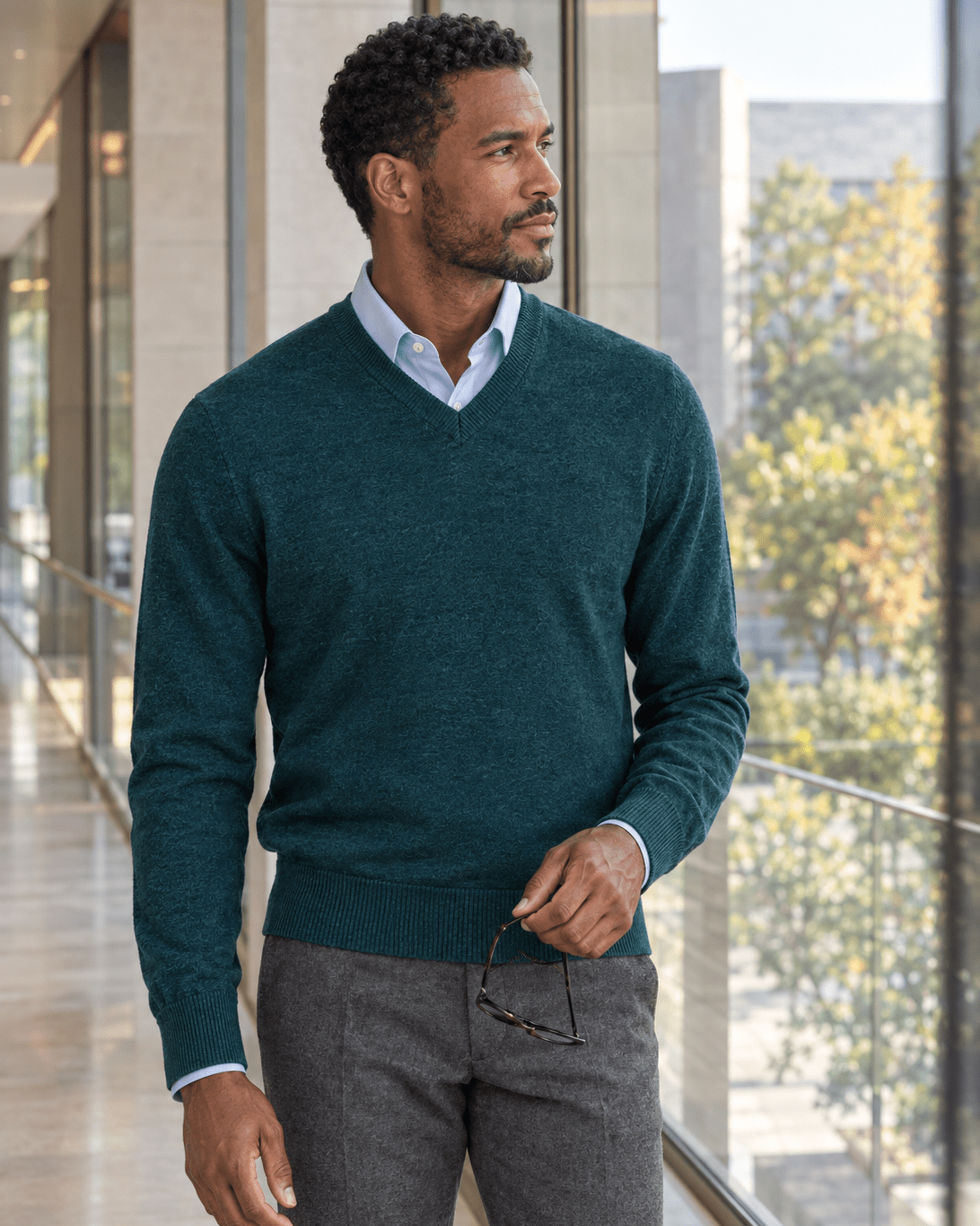 Cotton-Blend V-Neck Sweater - F/X Fusion - V-Neck Sweater - #color_Mallard Heather