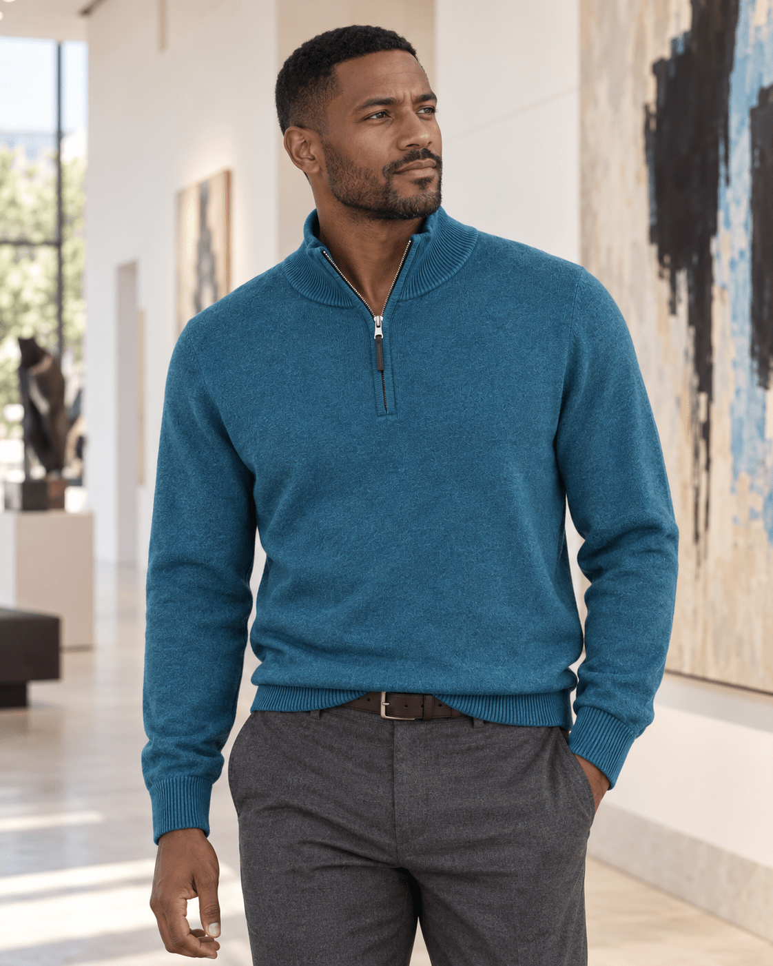 Cotton-Blend Quarter-Zip Sweater - F/X Fusion - Quarter-Zip Sweater - #color_Mallard Heather