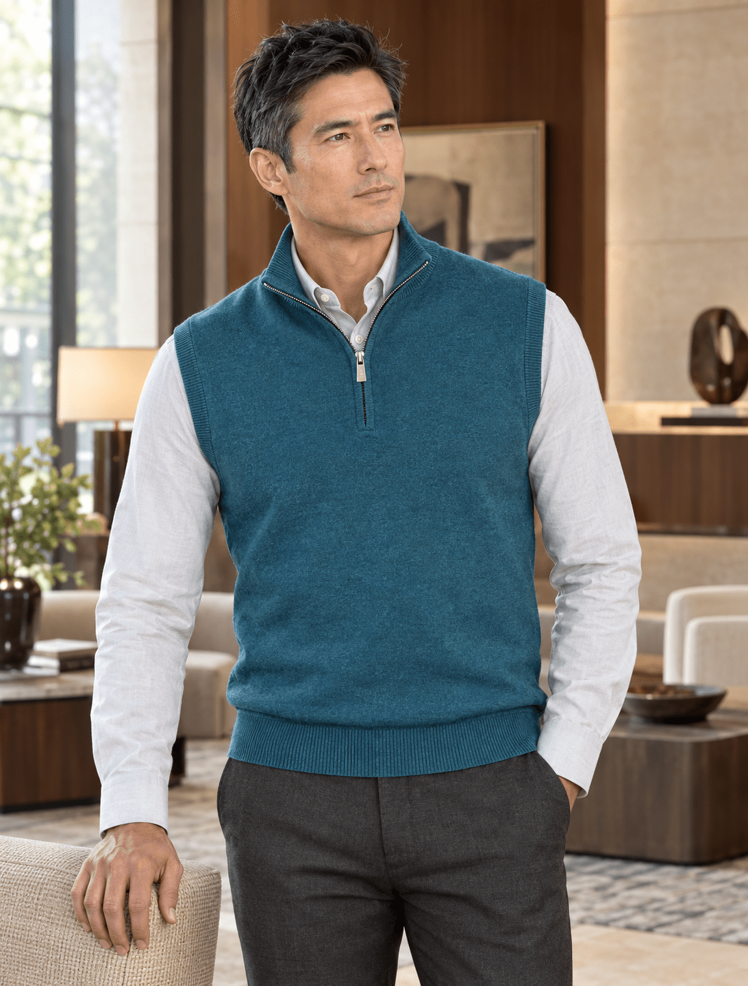 Cotton-Blend Quarter-Zip Vest - F/X Fusion - Quarter-Zip Vest - #color_Mallard Heather