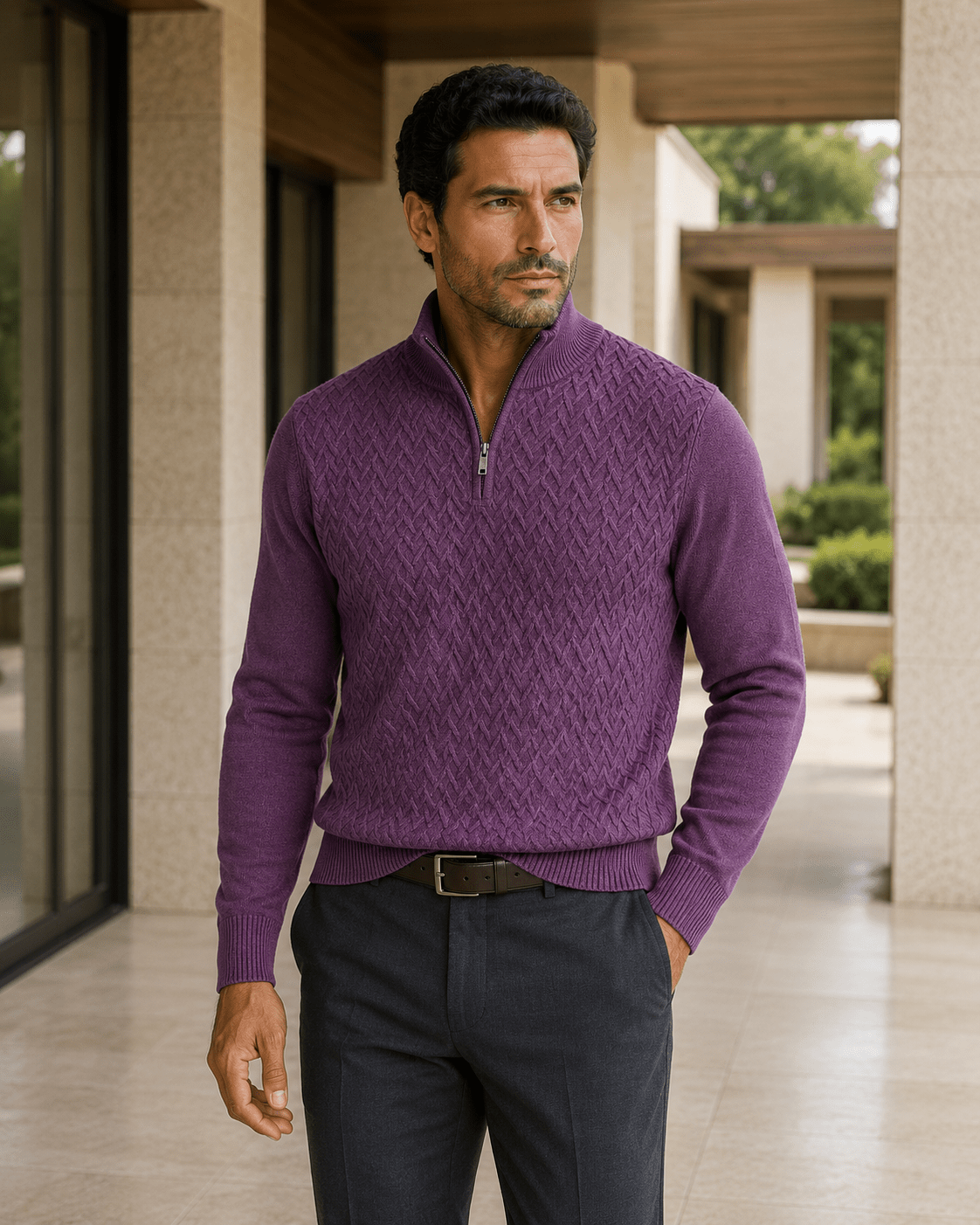 Textured Quarter-Zip Sweater - F/X Fusion - Quarter-Zip Sweater - #color_Mulberry Heather