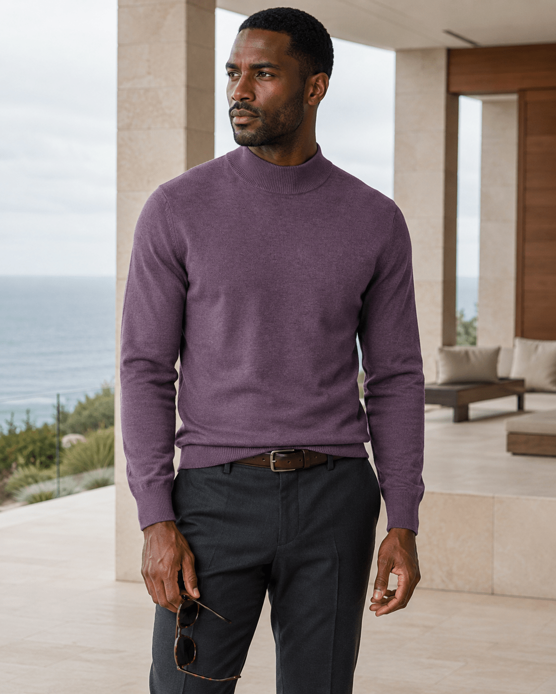 Cotton-Blend Mock Neck Sweater - F/X Fusion - Mock Neck Sweater - #color_Mulberry Heather