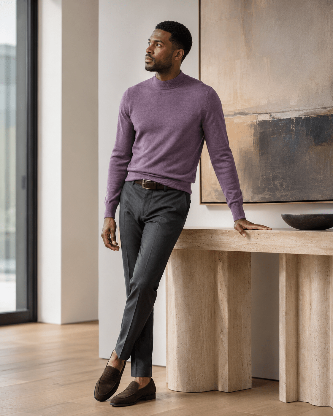 Cotton-Blend Mock Neck Sweater - F/X Fusion - Mock Neck Sweater - #color_Mulberry Heather