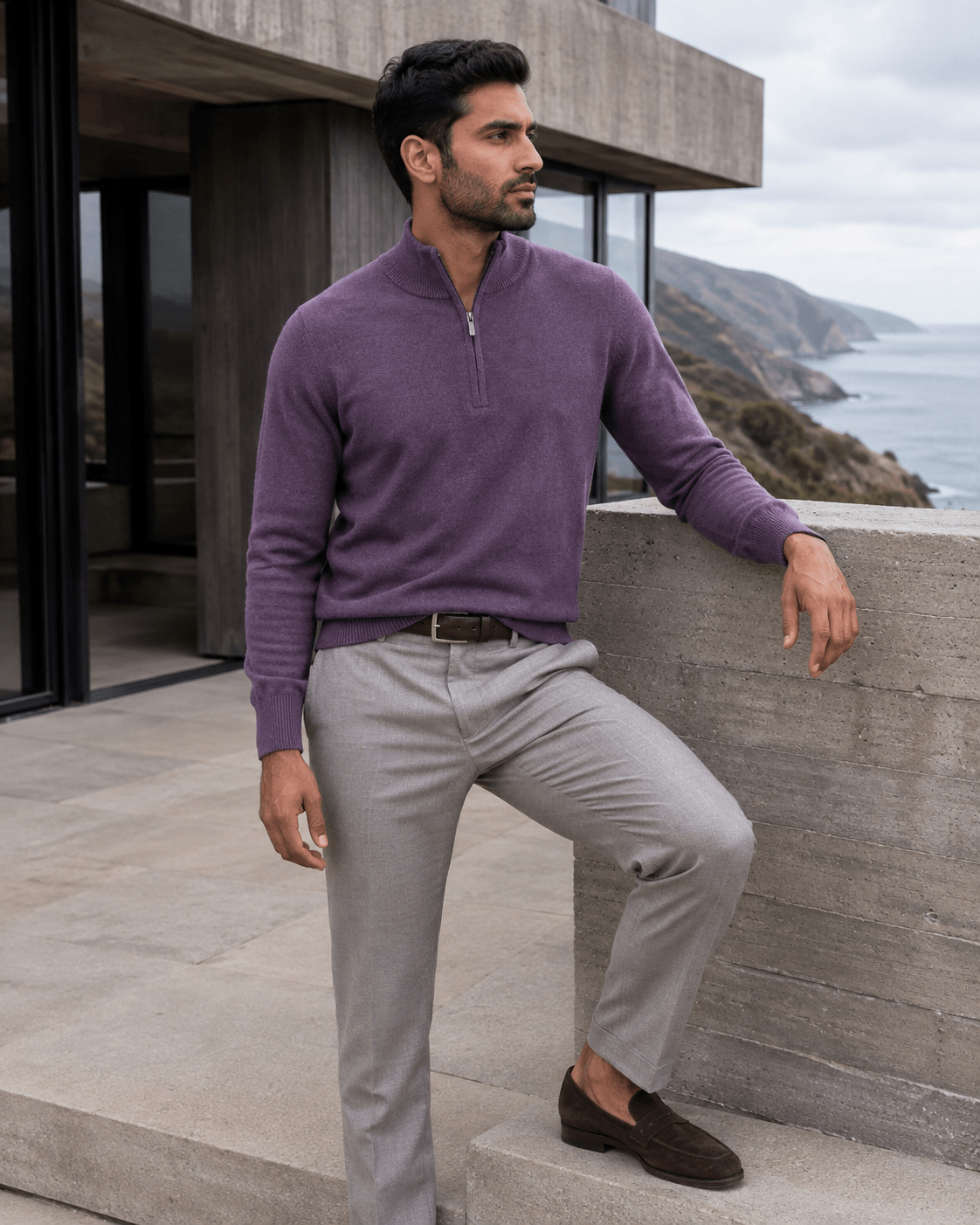 Cotton-Blend Quarter-Zip Sweater - F/X Fusion - Quarter-Zip Sweater - #color_Mulberry Heather