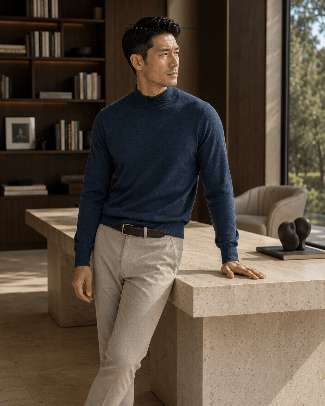 Cotton-Blend Mock Neck Sweater - F/X Fusion - Mock Neck Sweater - #color_Navy