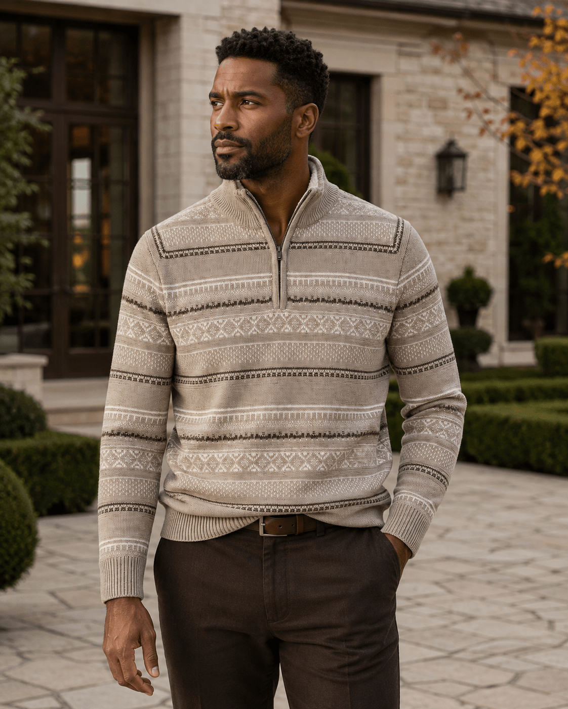 Sherpa-Lined Fair Isle Quarter-Zip Sweater - F/X Fusion - Quarter-Zip Sweater - #color_Oatmeal
