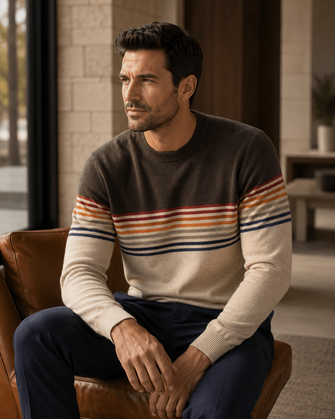 Multi-Stripe Crewneck Sweater - F/X Fusion - Crewneck Sweater - #color_Oatmeal