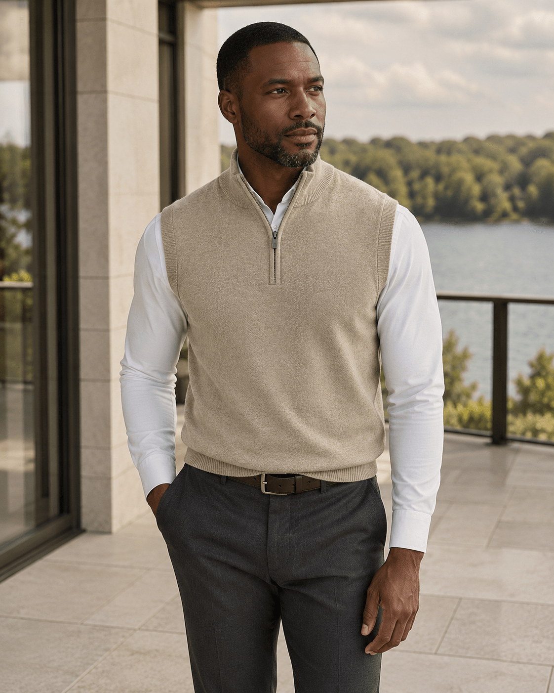 Cotton-Blend Quarter-Zip Vest - F/X Fusion - Quarter-Zip Vest - #color_Oatmeal Heather
