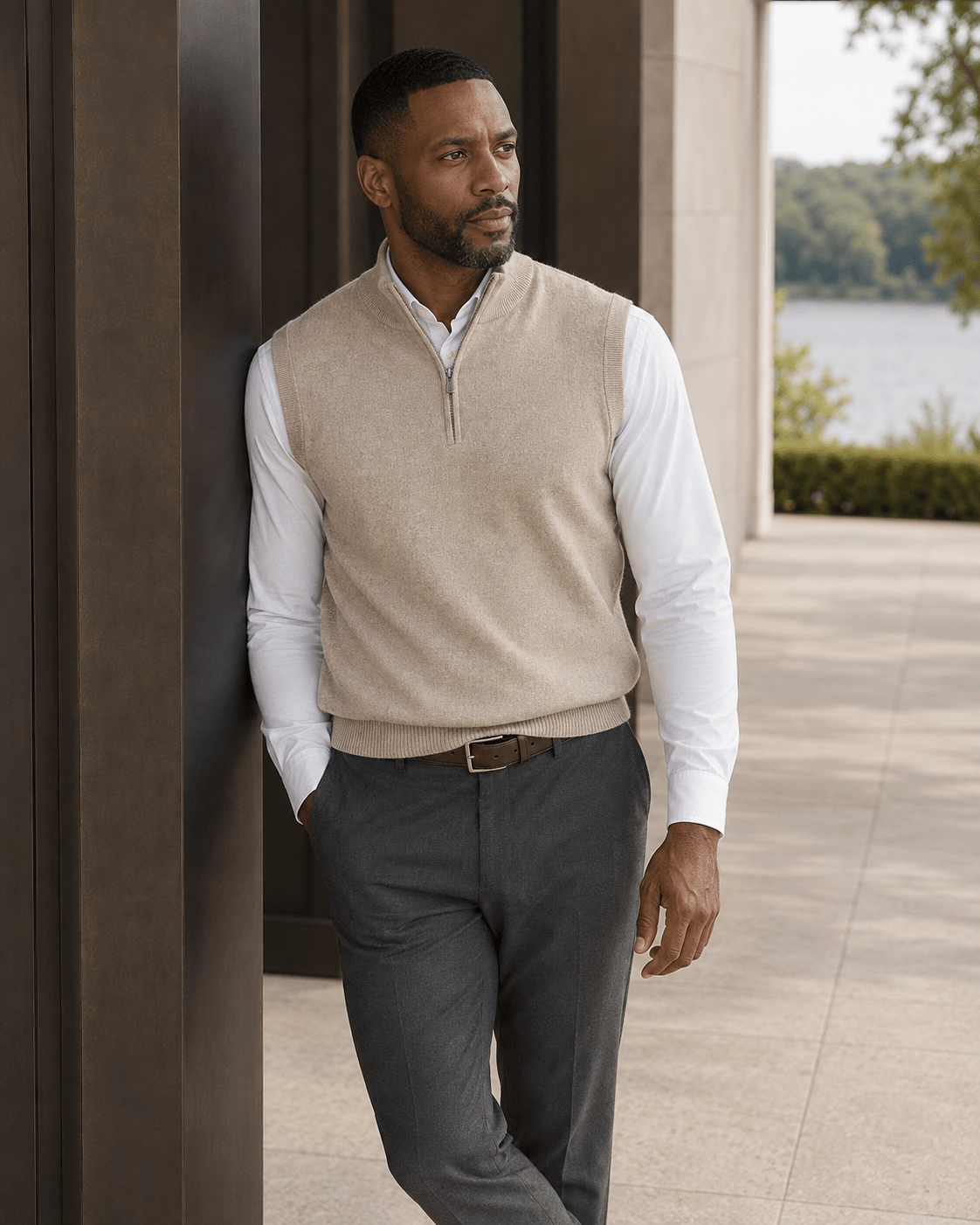 Cotton-Blend Quarter-Zip Vest - F/X Fusion - Quarter-Zip Vest - #color_Oatmeal Heather