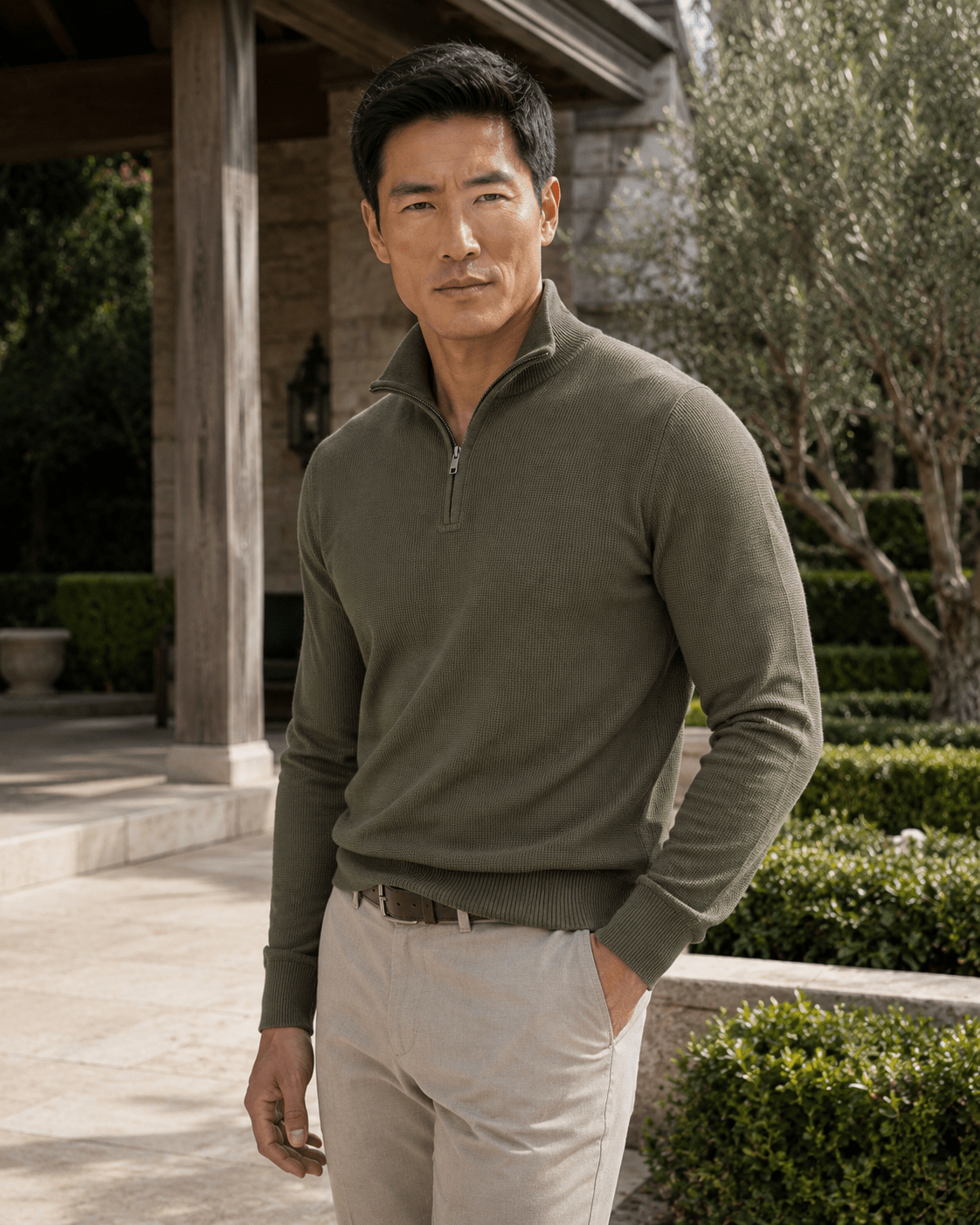Sandwashed Thermal Quarter-Zip Sweater - F/X Fusion - Quarter-Zip Sweater - #color_Olive