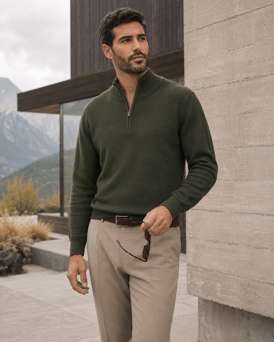 Cotton-Blend Quarter-Zip Sweater - F/X Fusion - Quarter-Zip Sweater - #color_Olive Heather