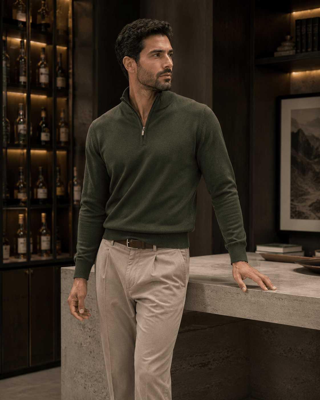 Cotton-Blend Quarter-Zip Sweater - F/X Fusion - Quarter-Zip Sweater - #color_Olive Heather