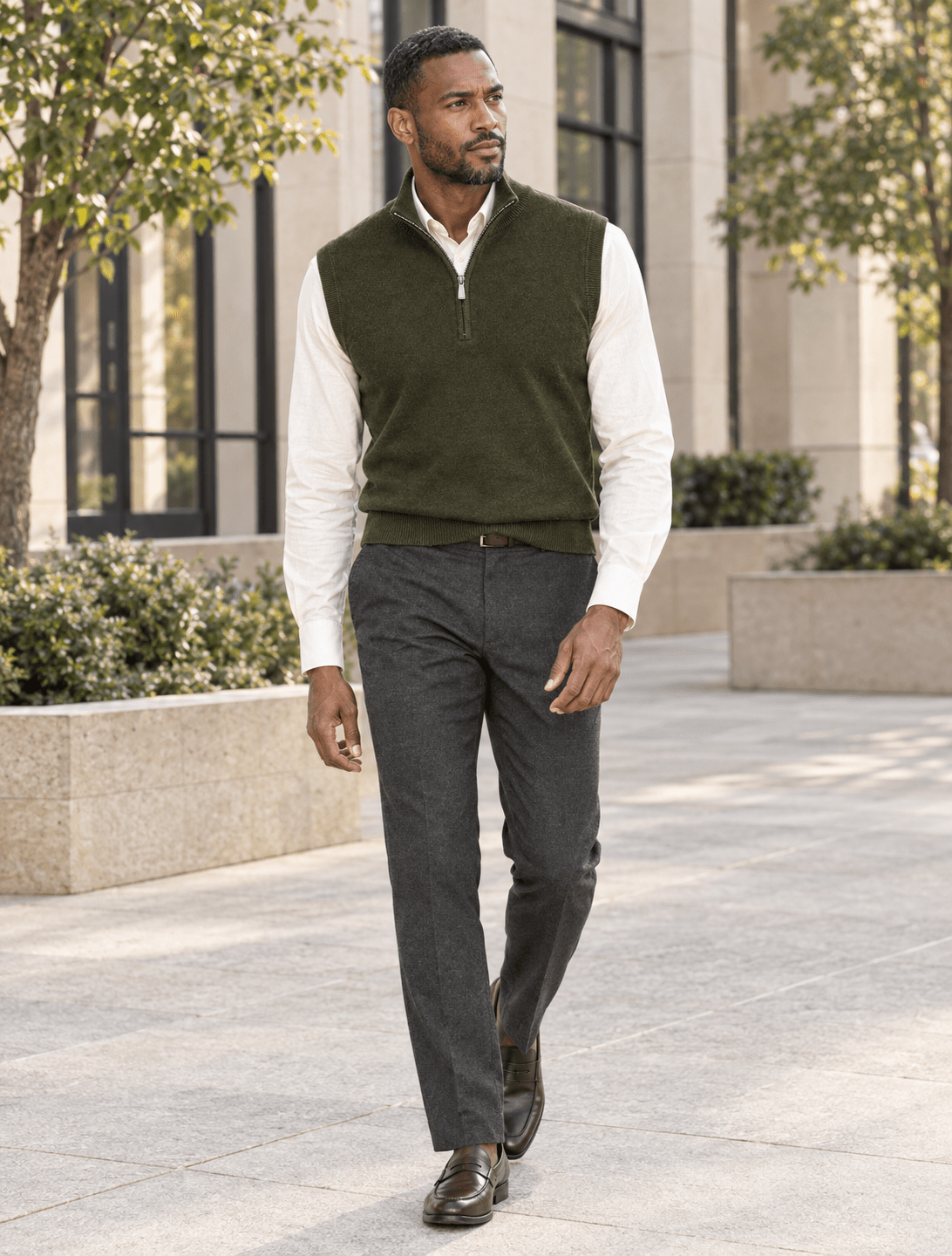 Cotton-Blend Quarter-Zip Vest - F/X Fusion - Quarter-Zip Vest - #color_Olive Heather