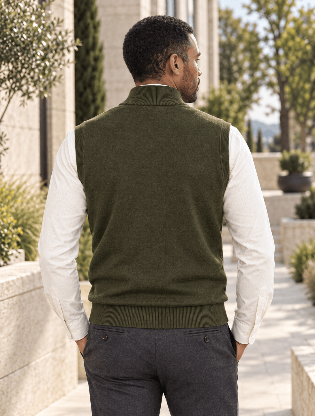 Cotton-Blend Quarter-Zip Vest - F/X Fusion - Quarter-Zip Vest - #color_Olive Heather
