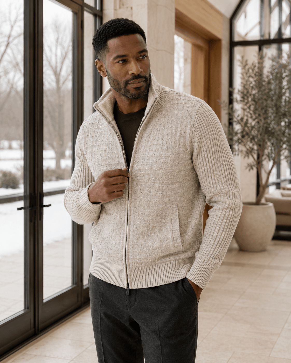 Sherpa-Lined Cable Full-Zip Sweater - F/X Fusion - Full-Zip Sweater - #color_Platinum