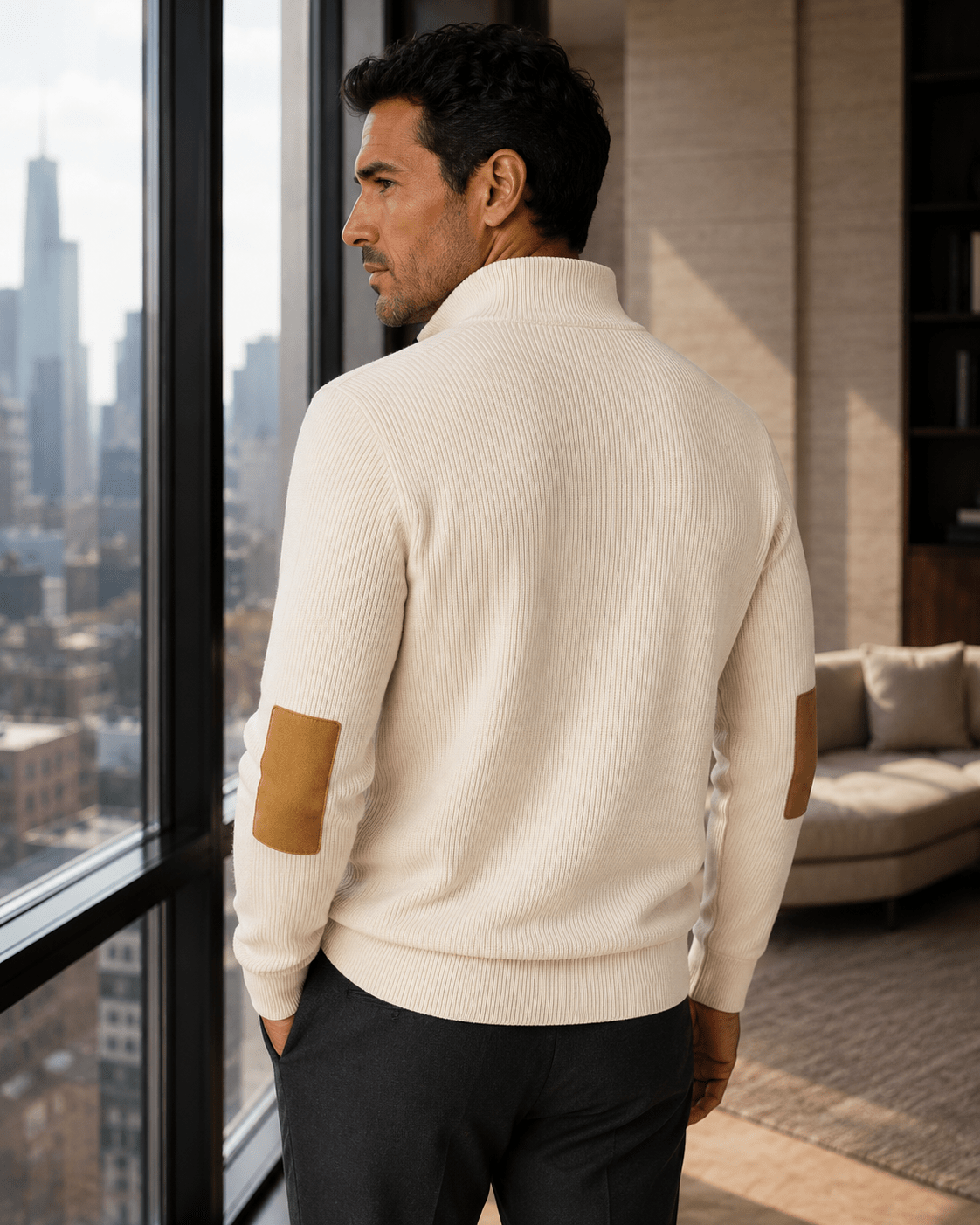 Elbow Patch Quarter-Zip Sweater - F/X Fusion - Quarter-Zip Sweater - #color_Platinum