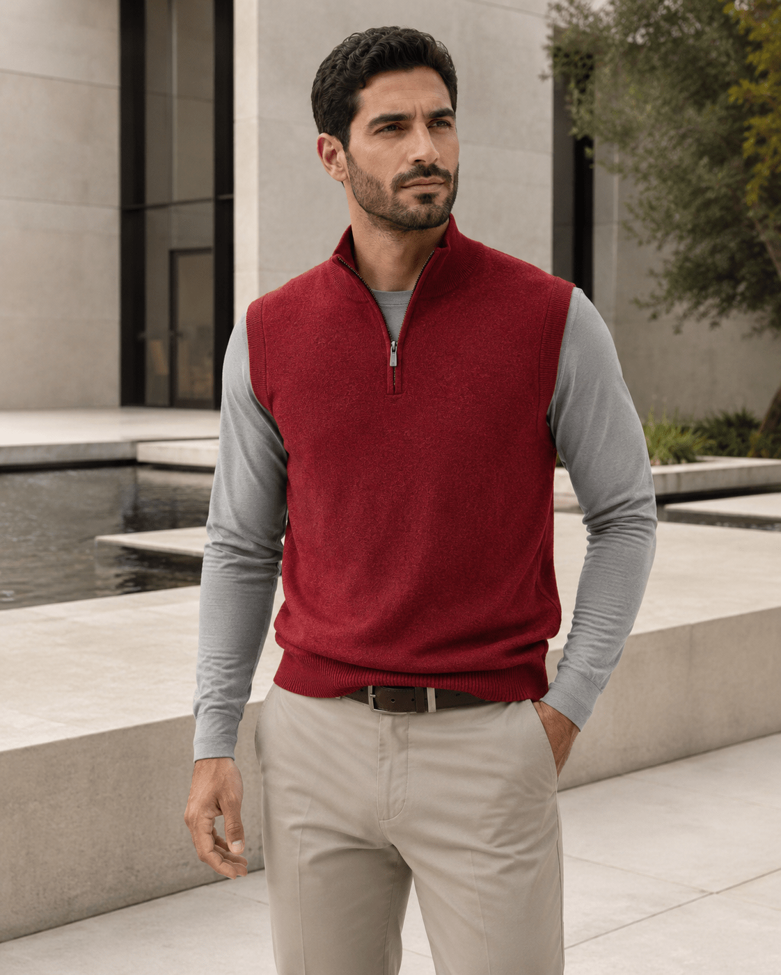 Cotton-Blend Quarter-Zip Vest - F/X Fusion - Quarter-Zip Vest - #color_Red Heather