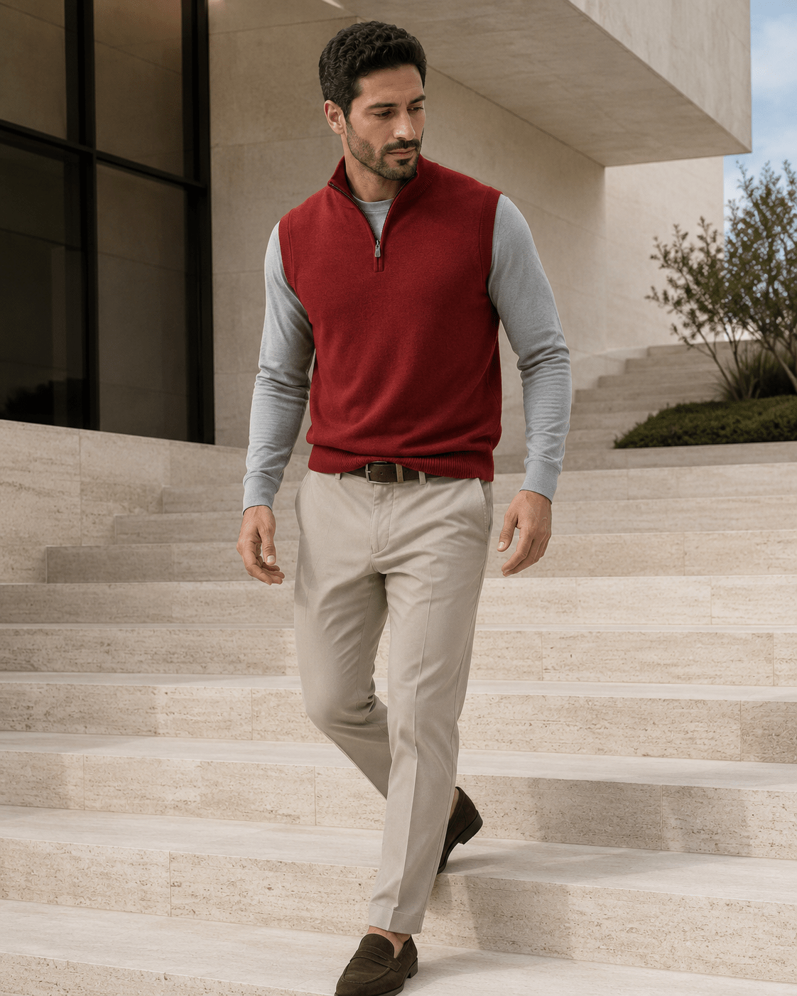 Cotton-Blend Quarter-Zip Vest - F/X Fusion - Quarter-Zip Vest - #color_Red Heather