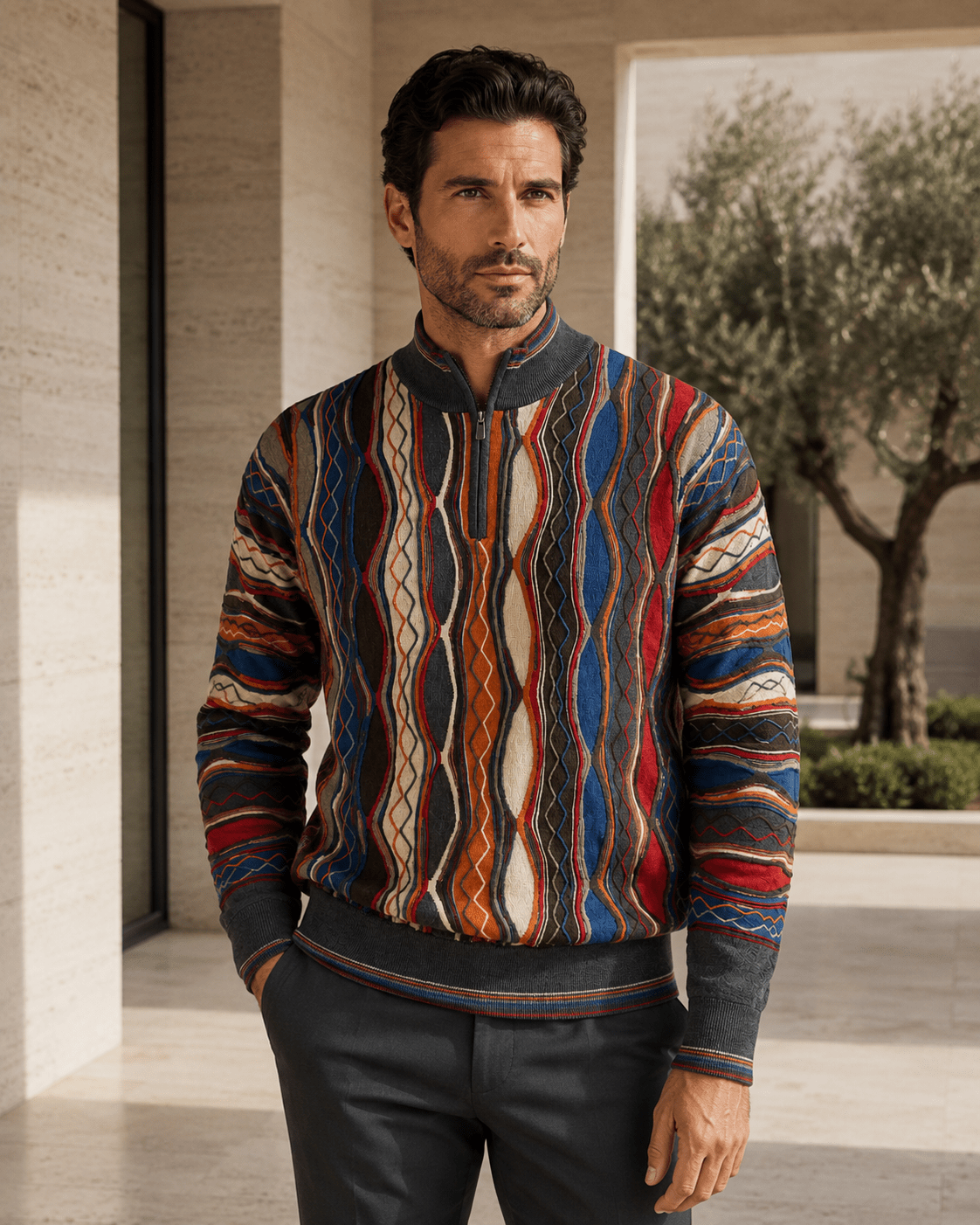 Vertical Textured Quarter-Zip Sweater - F/X Fusion - Quarter-Zip Sweater - #color_Scotch