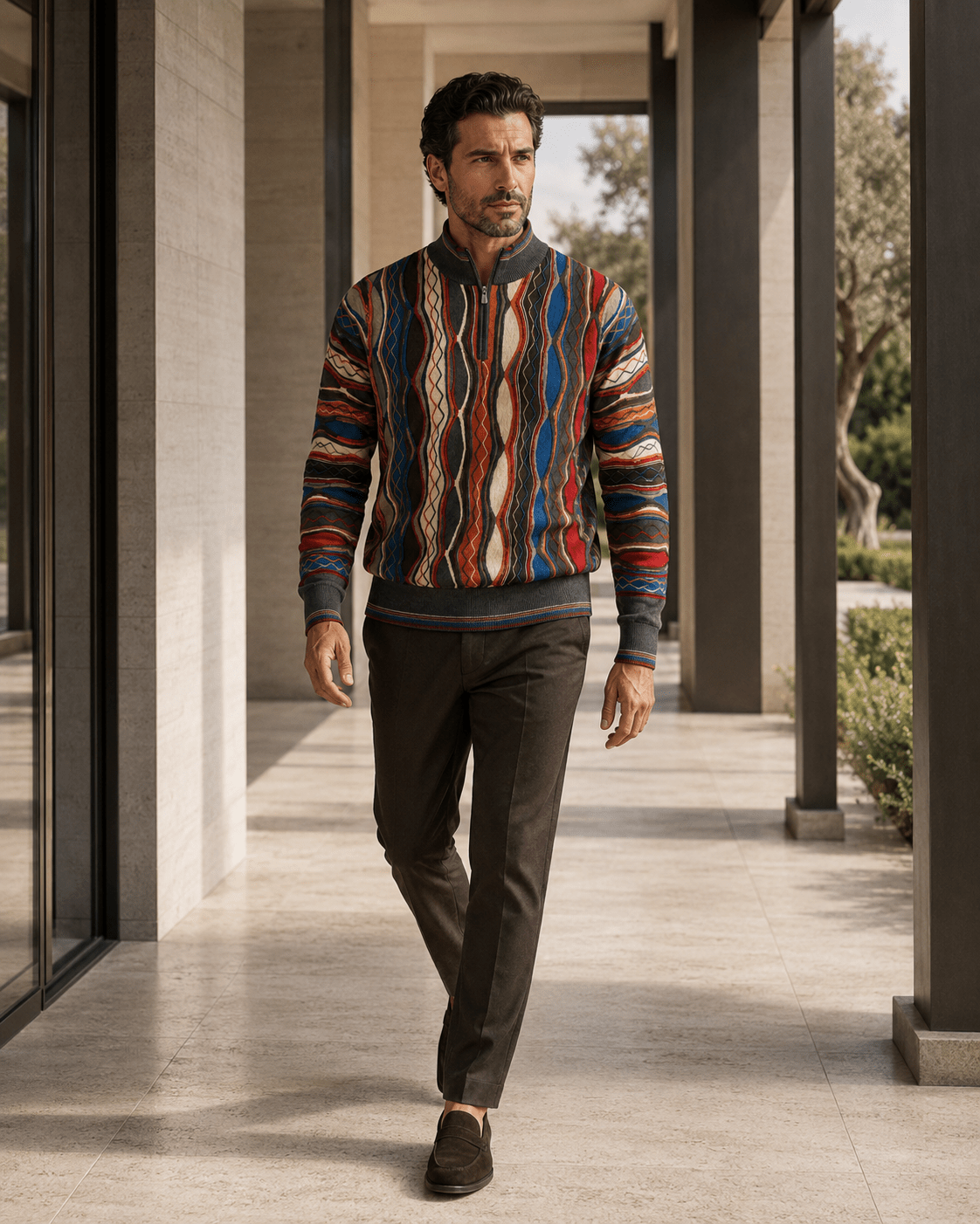Vertical Textured Quarter-Zip Sweater - F/X Fusion - Quarter-Zip Sweater - #color_Scotch